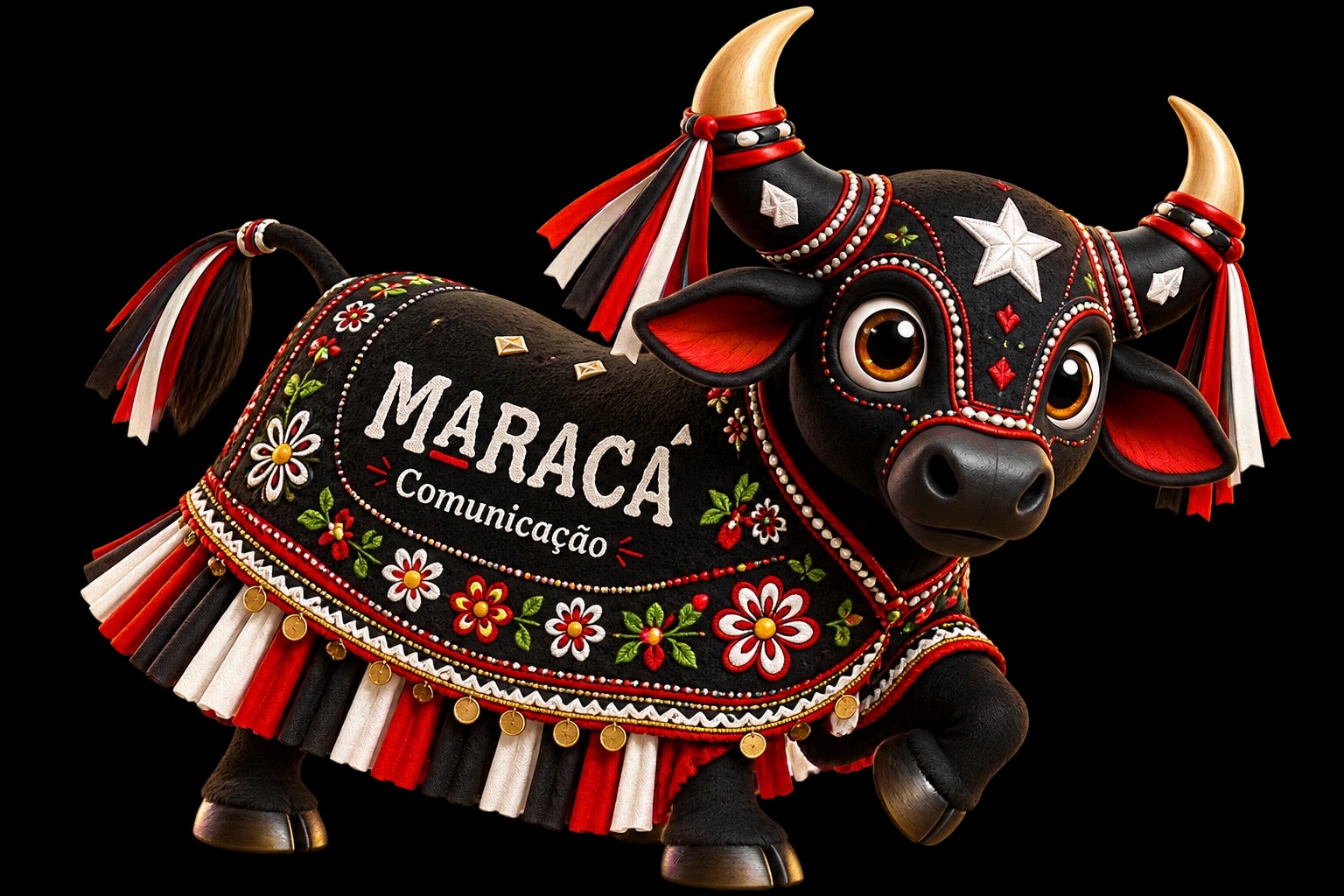 Repolho, o boi-bumbá mascote da Maracá Comunicação, com o nome da agência bordado na capa
